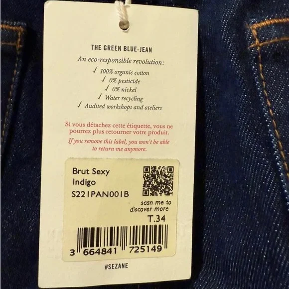 BNWT Sézane Brut Sexy Straight Leg Jeans Indigo Dark Blue 34
